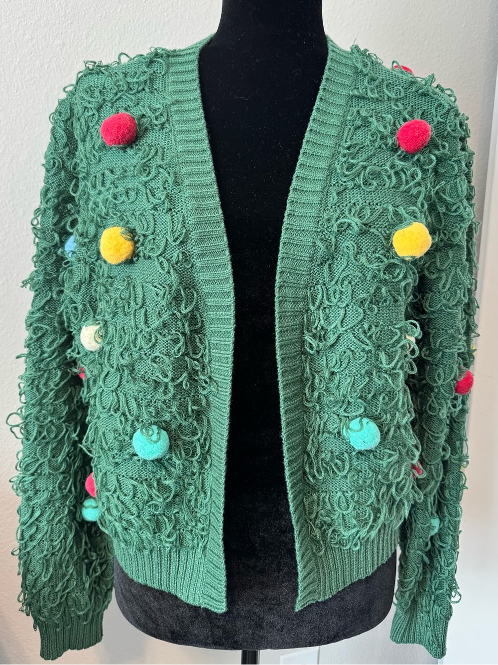 Mighty Fine Christmas Tree Cardigan Sweater Large Green Pom Pom Novelty Holiday